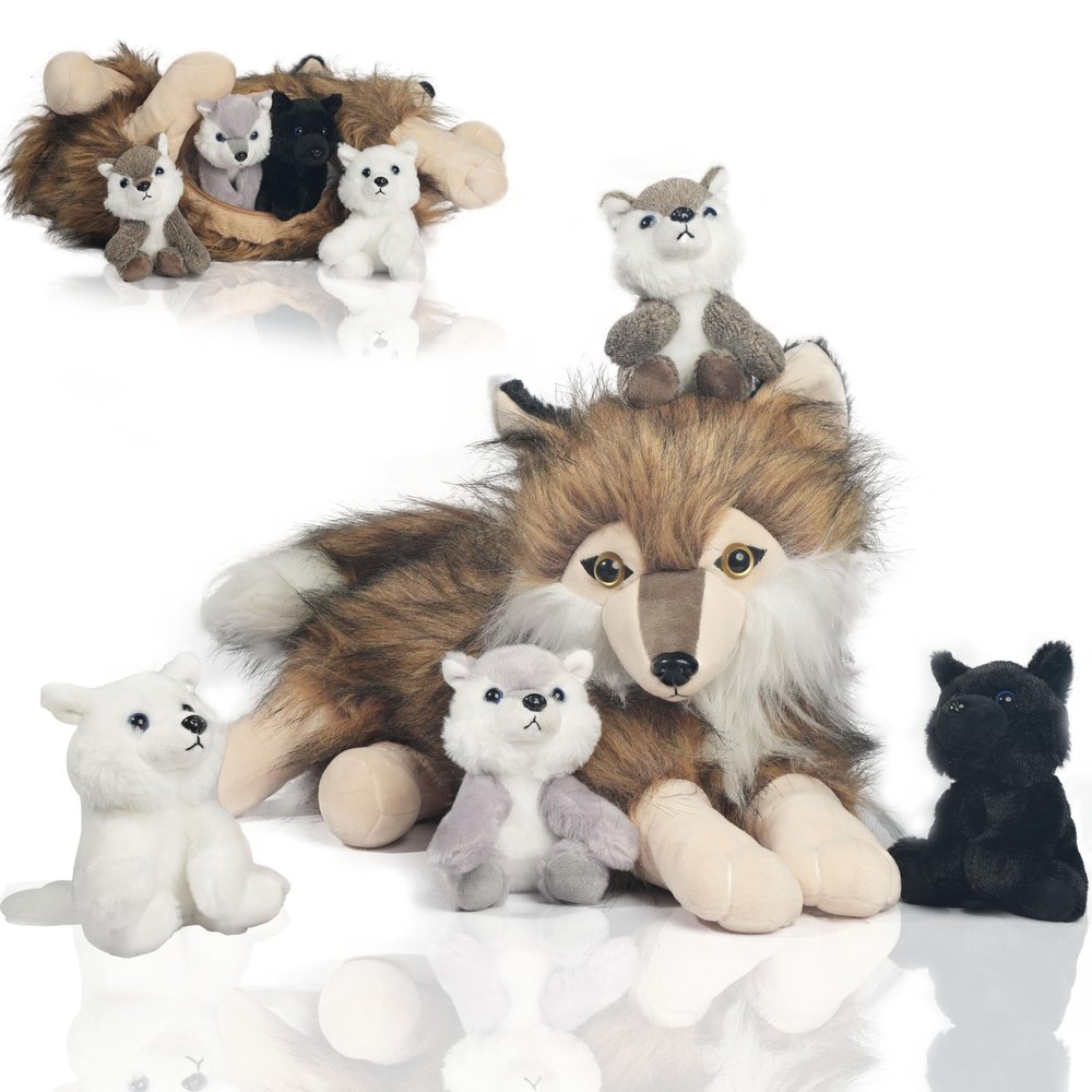 5 Pcs Wolf Stuffed Animal Plush Toy, 16 Inch Large Mommy Stuffed Wolf with 4 Cute Babies Wolves Inside, Furry Wolves with Pups Soft Plushies for Kids Boys Girls Valentines Day Christmas Birthday Gift