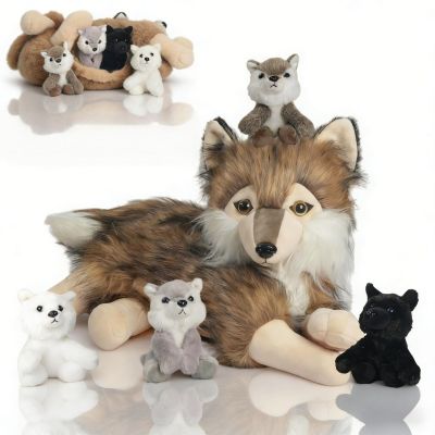5 Pcs Wolf Stuffed Animal Plush Set 16 Inch Mommy Large Stuffed Wolf Plush with 4 Babies Wolves, Realistic Plush Wolf Toys Soft Wolf Plushies for Kids Boys Girls Birthday Easter Stuffers Gifts
