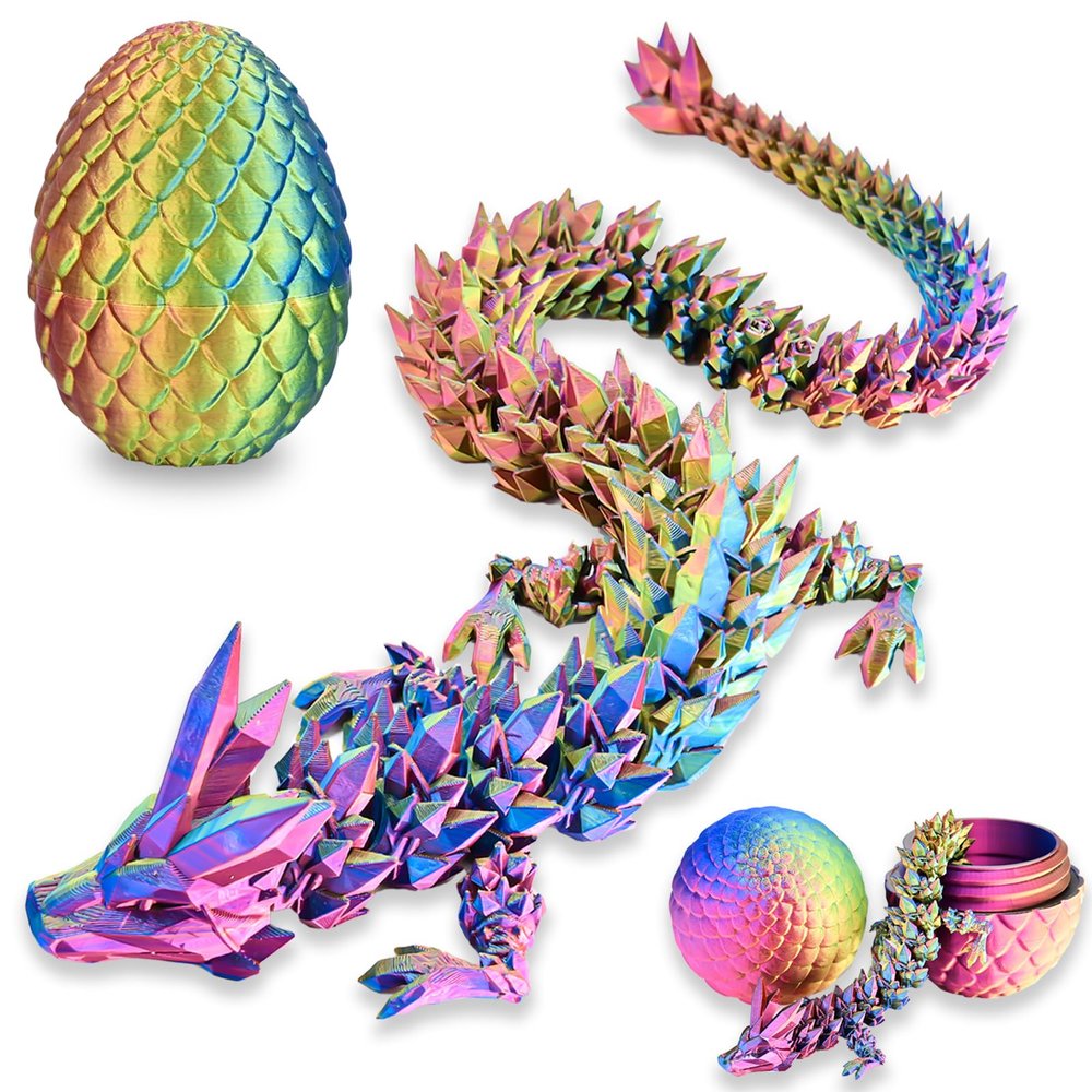 LOCYFENS 3D Printed Dragon Eggs with Dragon Inside, Rainbow Articulated 3D Dragon Toys with 3D Dragon Eggs, Crystal Dragon Red Yellow Blue
