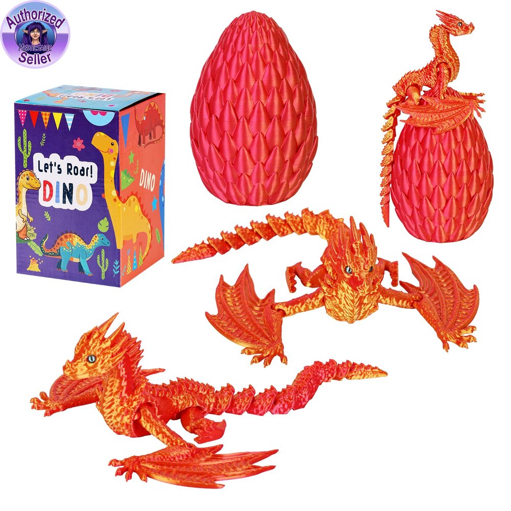TXB3DOK 3D Printed Dragon,Flying Mystery Easter Egg Articulated Dragon,3D Printed Crystal Dragon with Wings,3D Dragon Eggs with Dragon Inside,Adults Fidget Toys for Autism ADHD (Red Gold Pro)