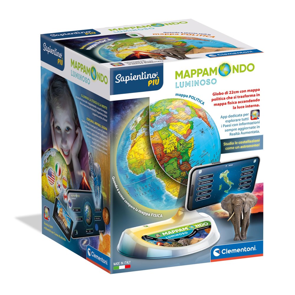 Clementoni Sapientino Pi - Illuminated Globe, Educational Game for Children from 7 Years and Older, Educational Globe 22 cm with Dedicated App in Augmented Reality, Made in Italy, Italian Language
