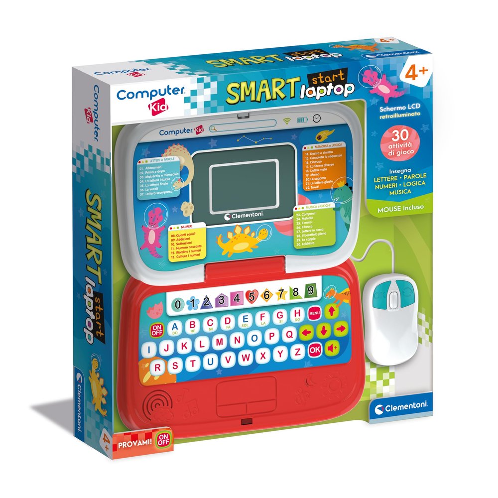 Clementoni - Computer Kid Smart Laptop Educational Children 4+ Years, 30 Educational Activities, Electronic Game for Learning Letters, Numbers and Music, Mouse and Batteries Included, Italian