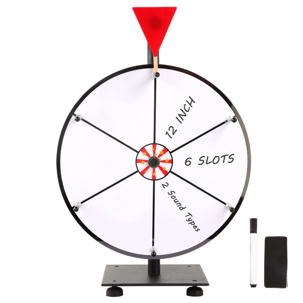 Hooomyai 12 Inch Heavy Duty Prize Spinning Wheel with Iron Base Stand, 6 Blank Slots White Tabletop Spin Wheel Spinner with Dry Erase Markers and Eraser for Carnival Trade Show Game