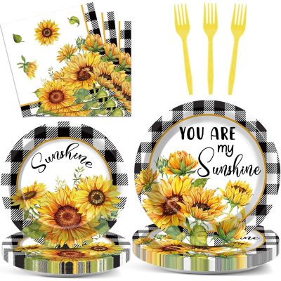 100PCS Spring Sunflower Paper Plates and Napkins Sunflower Birthday Party Decoration Disposable Checkered Themed Tableware Dinnerware Set for You Are My Sunshine Party Supplies Serve 25