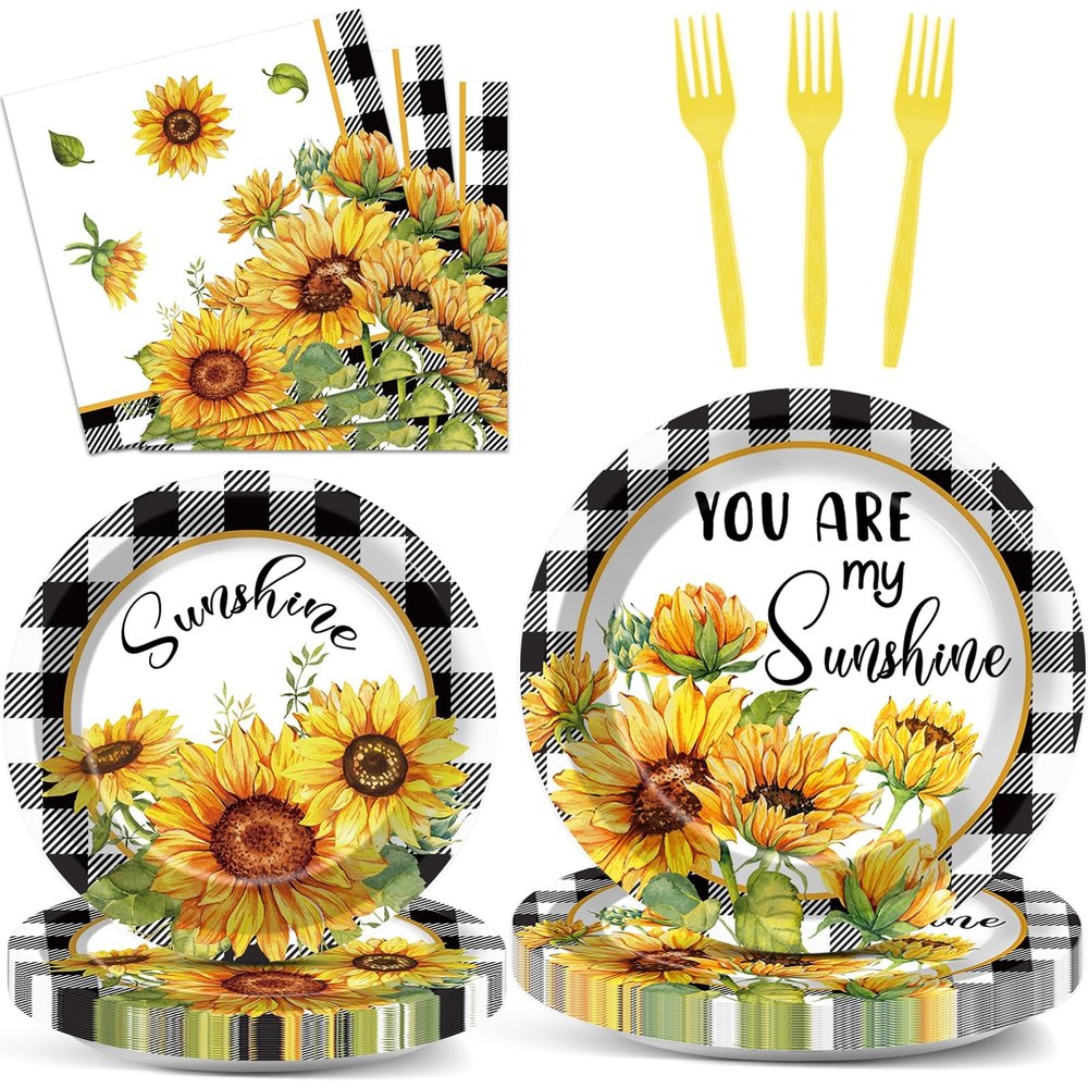 100PCS Spring Sunflower Paper Plates and Napkins Sunflower Birthday Party Decoration Disposable Checkered Themed Tableware Dinnerware Set for You Are My Sunshine Party Supplies Serve 25