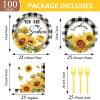 100PCS Spring Sunflower Paper Plates and Napkins Sunflower Birthday Party Decoration Disposable Checkered Themed Tableware Dinnerware Set for You Are My Sunshine Party Supplies Serve 25 view 2