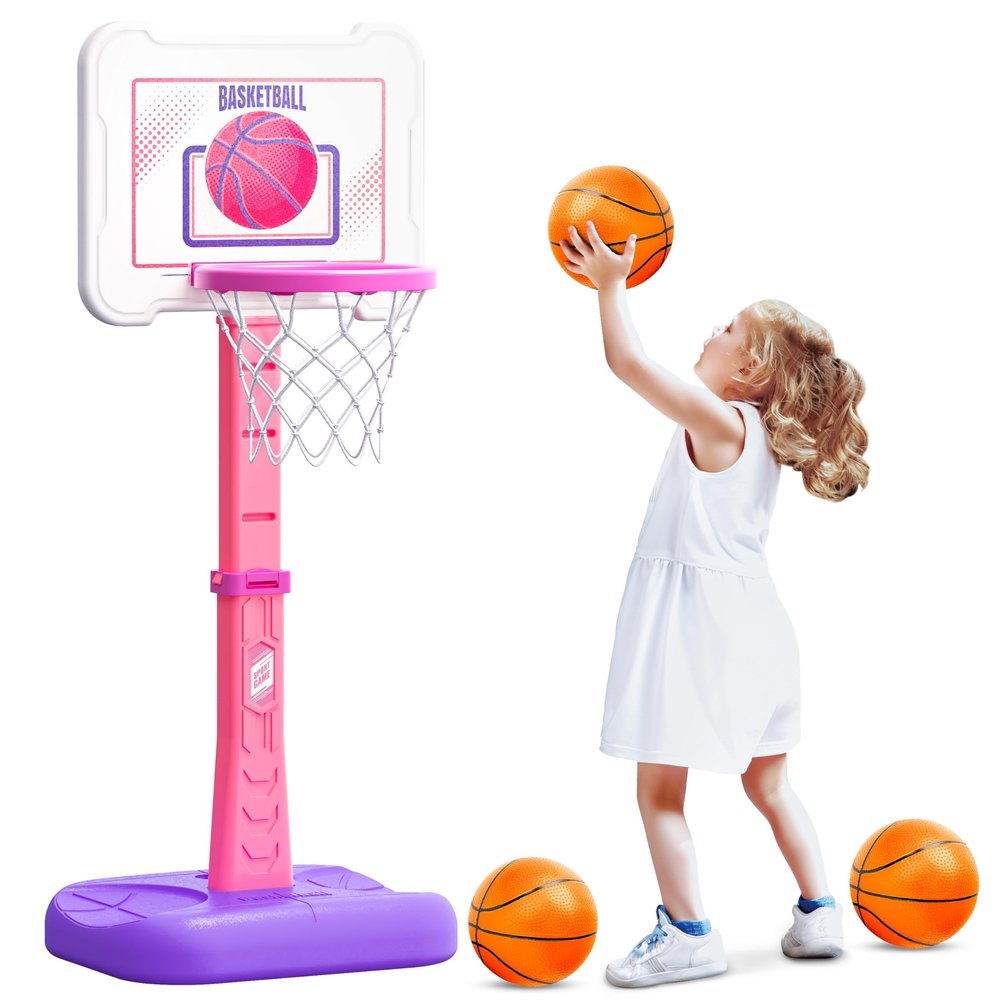 ShyLizard Toddler Basketball Hoop Indoor for Age 1-3, Height Adjustable Poolside Basketball Hoop with 3 Balls, Mini Basketball Hoop Sport Toys Birthday for Toddler Girl 1 2 3 4 Year, Pink
