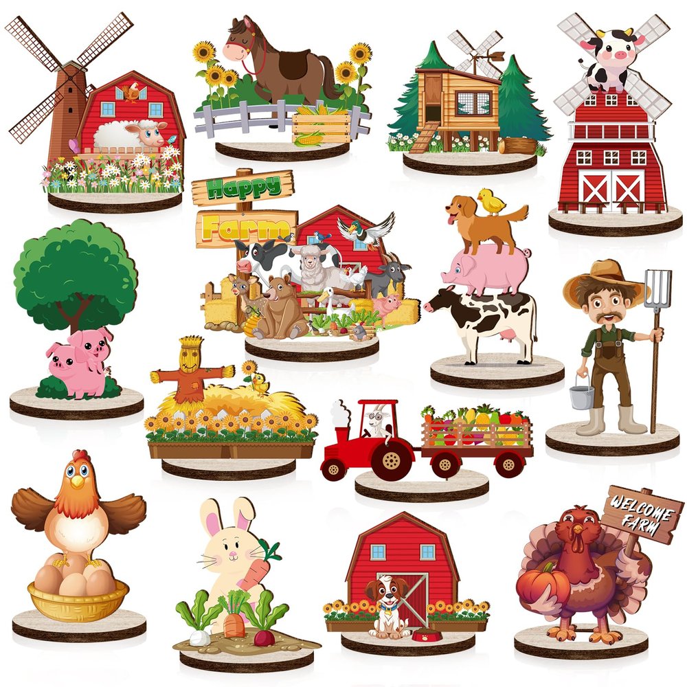 14Pcs Farm Animals Wood Table Centerpieces Creatures Cutout Shapes Toppers for Baby Shower Decorations Wooden Barnyard Animal Birthday Fall Party Supplies