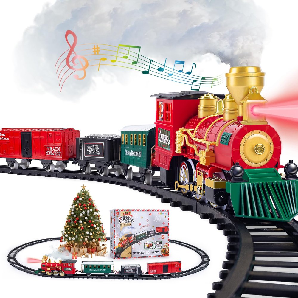 Shemira Christmas Train Set, Train Toys for Boys Girls, Toy Train with Smoke, Light and Sound, Steam Train Sets for Around Christmas Tree, Christmas Train Toys Gifts for 3 4 5 6 7 8+ Years Old Kids