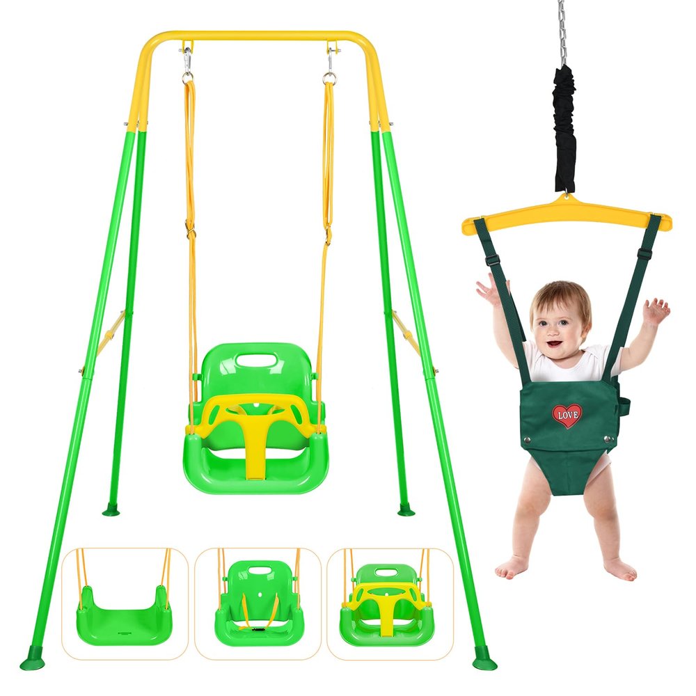 4-in-1 Swing Set & Baby Jumper and Bouncer for Toddler, Heavy Duty Baby Swing Set with Foldable Metal Stand for Indoor & Outdoor Play (Green)