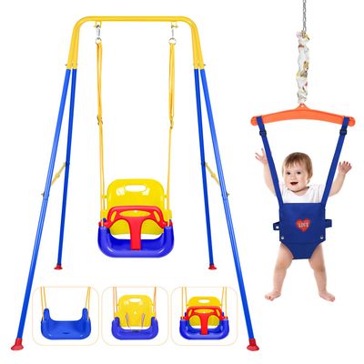 4-in-1 Swing Set & Baby Jumper and Bouncer for Toddler, Heavy Duty Baby Swing Set with Foldable Metal Stand for Indoor & Outdoor Play (Blue)
