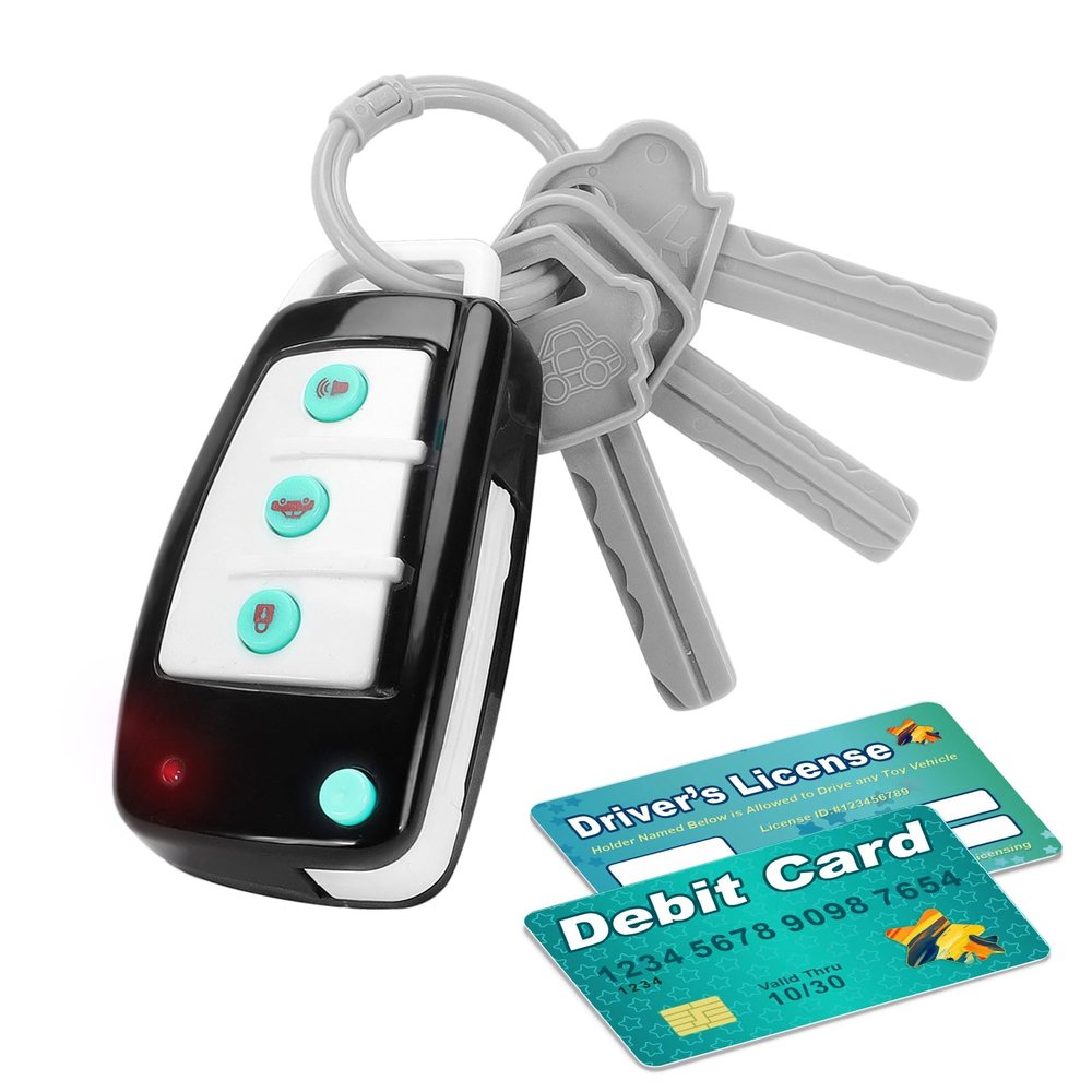 Car Key Playset, Remote Car Key Toy with Light and Sounds, Pretend Play Keys with Cards for Boys and Girls, Travel Toys for Toddlers, Babies (Black)