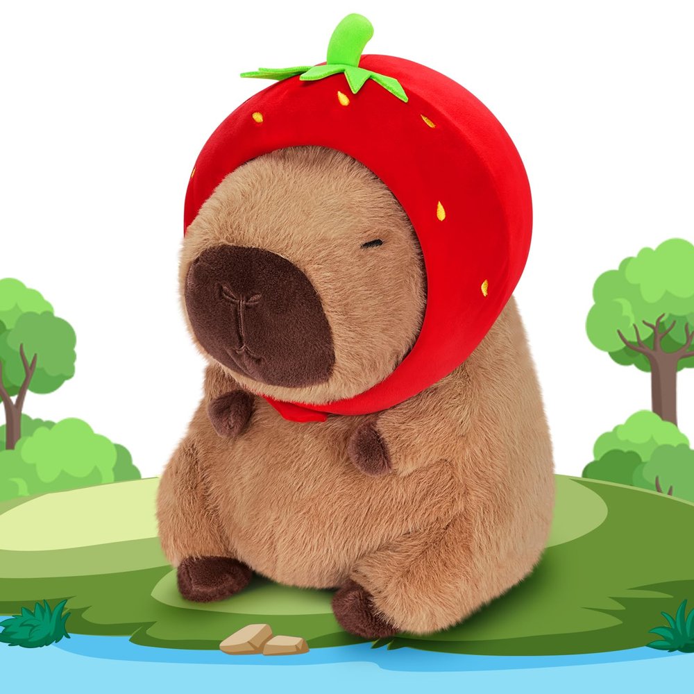 Achwishap Capybara Plush,Cute Plushies Capybara Stuffed Animal,Capybara Plush Toys,Kawaii Plush Stuffed Toy Animal Pillowswith Strawberry Hat Plushie Birthday Gift for Adults Valentines,Brown 16