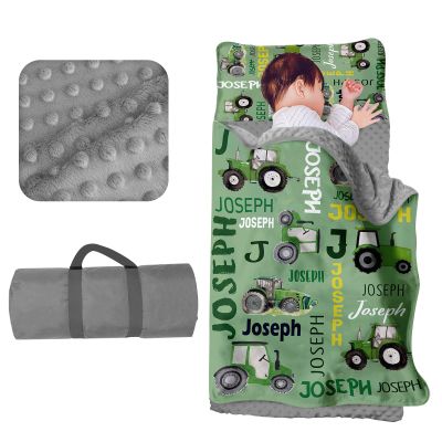Evulum Custom Toddler Boys Sleeping Bag Nap Mat for Daycare Preschool, Kids Sleeping Bag with Pillow and Blanket for Kindergarten, Personalized Name Easy Carry Sleeping Mat Green Tractor