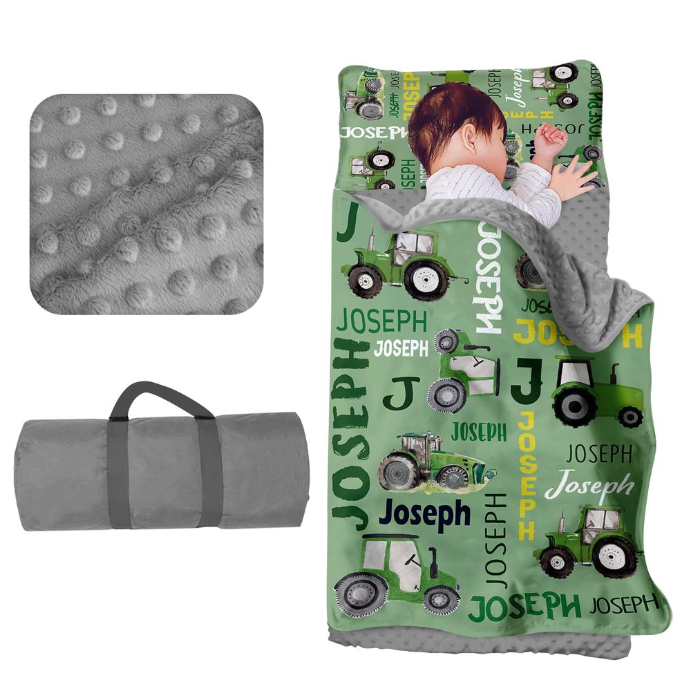 Evulum Custom Toddler Boys Sleeping Bag Nap Mat for Daycare Preschool, Kids Sleeping Bag with Pillow and Blanket for Kindergarten, Personalized Name Easy Carry Sleeping Mat Green Tractor