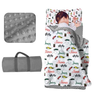 Evulum Personalized Toddler Boys Sleeping Bag, Nap Mat for Daycare Preschool, Kids Sleeping Bag with Pillow and Blanket for Kindergarten, Custom Name Easy Carry Sleeping Mat White Race Cars