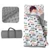 Evulum Personalized Toddler Boys Sleeping Bag, Nap Mat for Daycare Preschool, Kids Sleeping Bag with Pillow and Blanket for Kindergarten, Custom Name Easy Carry Sleeping Mat White Race Cars view 1
