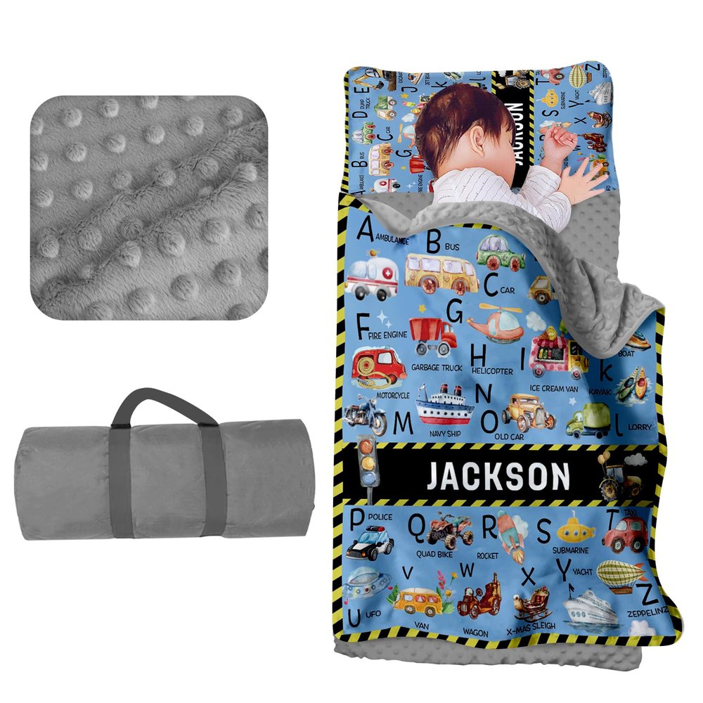 Evulum Personalized Toddler Boys Sleeping Bag, Nap Mat for Daycare Preschool, Kids Sleeping Bag with Pillow and Blanket for Kindergarten, Custom Name Easy Carry Sleeping Mat Blue