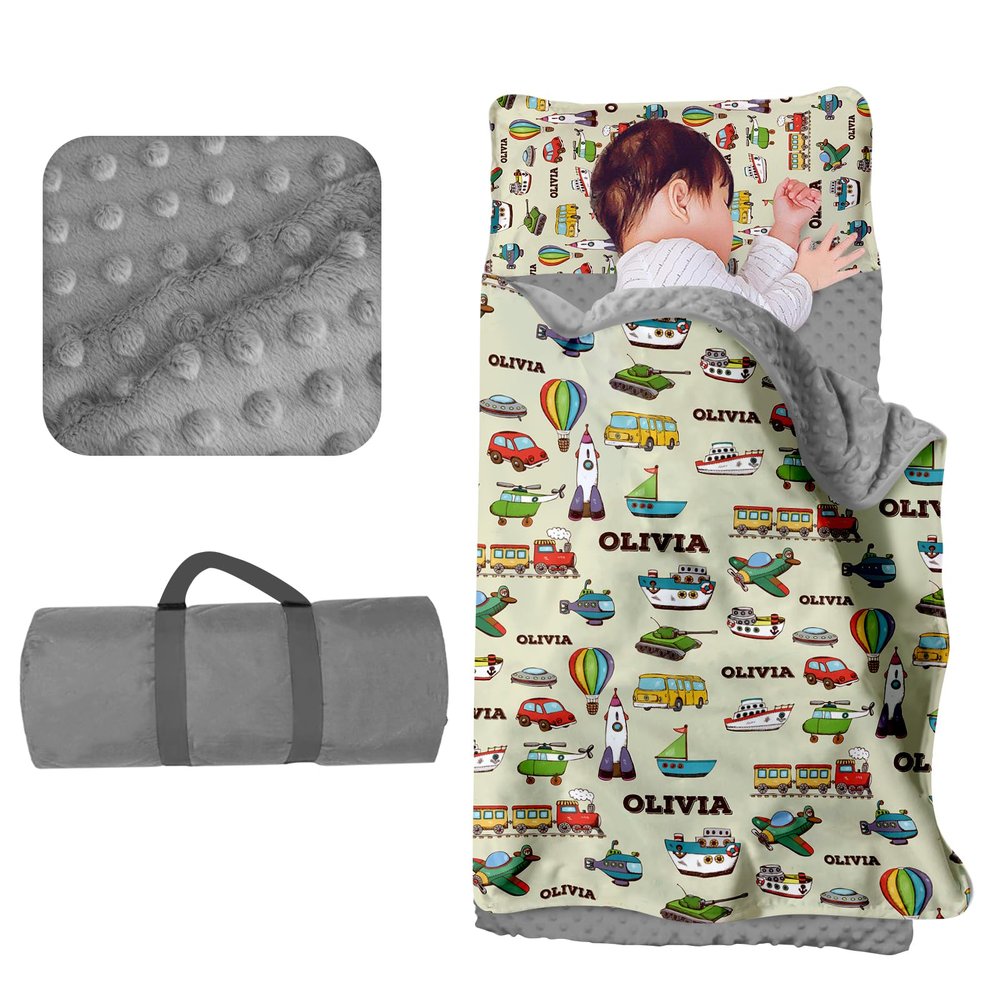 Evulum Custom Toddler Boys Sleeping Bag, Nap Mat for Daycare Preschool, Kids Sleeping Bag with Pillow and Blanket for Kindergarten, Personalized Name Easy Carry Sleeping Mat Beige Cars