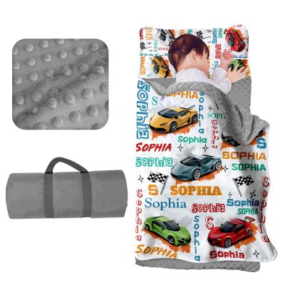 Evulum Custom Toddler Boys Sleeping Bag, Nap Mat for Daycare Preschool, Kids Sleeping Bag with Pillow and Blanket for Kindergarten, Personalized Name Easy Carry Sleeping Mat Racing Cars