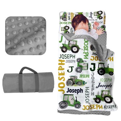 Evulum Custom Toddler Boys Sleeping Bag Nap Mat for Daycare Preschool, Kids Sleeping Bag with Pillow and Blanket for Kindergarten, Personalized Name Easy Carry Sleeping Mat White Tractor