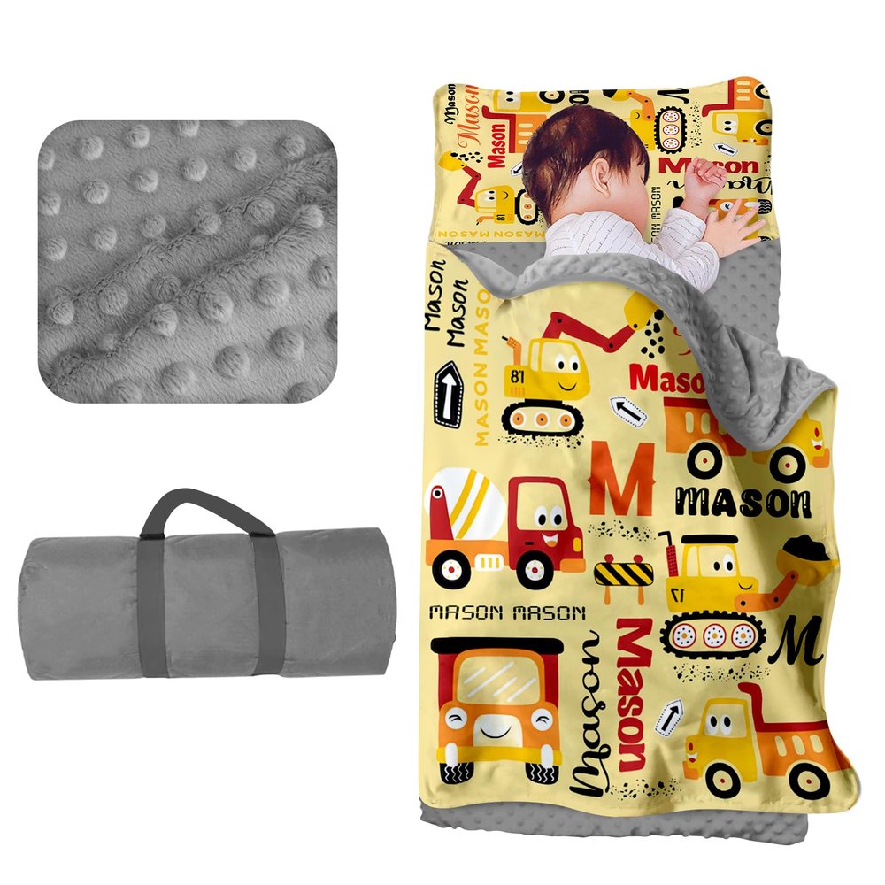 Evulum Custom Toddler Boys Sleeping Bag, Nap Mat for Daycare Preschool, Kids Sleeping Bag with Pillow and Blanket for Kindergarten, Personalized Name Easy Carry Sleeping Mat Yellow