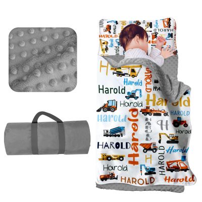 Evulum Personalized Toddler Boys Sleeping Bag, Nap Mat for Daycare Preschool, Kids Sleeping Bag with Pillow and Blanket for Kindergarten, Custom Name Easy Carry Napsack Orange Tractor