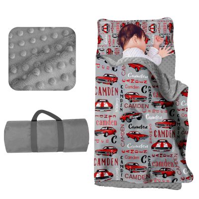 Evulum Personalized Toddler Boys Sleeping Bag, Nap Mat for Daycare Preschool, Kids Sleeping Bag with Pillow and Blanket for Kindergarten, Custom Name Easy Carry Sleeping Mat Grey Race Cars