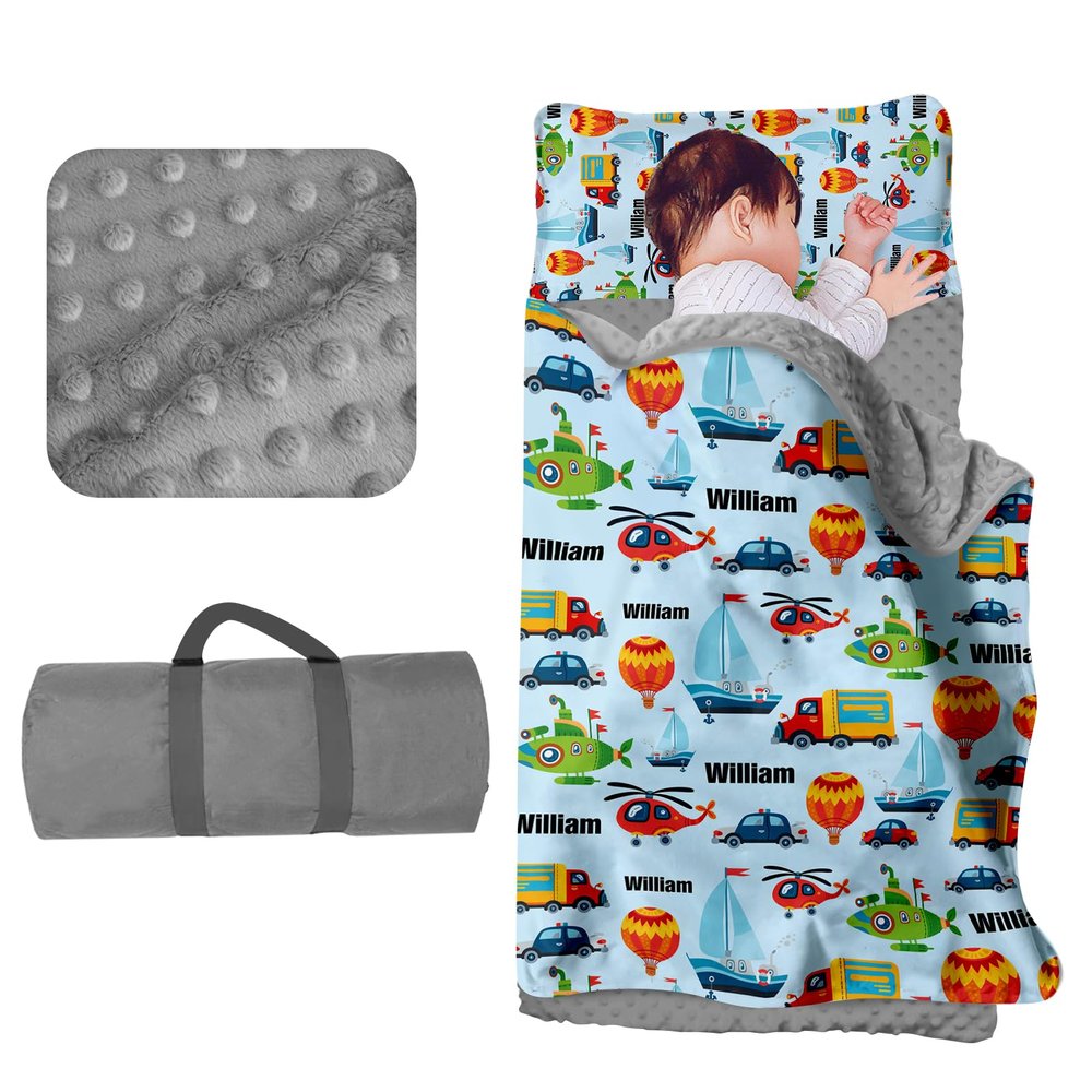 Evulum Custom Toddler Boys Sleeping Bag, Nap Mat for Daycare Preschool, Kids Sleeping Bag with Pillow and Blanket for Kindergarten, Personalized Name Easy Carry Sleeping Mat Blue Cars