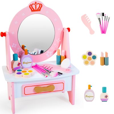 Wooden Vanity Set for Kids, Pretend Play Toddler Makeup Vanity with Acrylic Mirror, Beauty Salon Play Set for Little Girls Age 3+, Toys Gifts Includes Makeup Accessories and Bonus Stickers