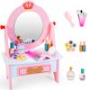 Wooden Vanity Set for Kids, Pretend Play Toddler Makeup Vanity with Acrylic Mirror, Beauty Salon Play Set for Little Girls Age 3+, Toys Gifts Includes Makeup Accessories and Bonus Stickers view 1