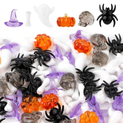110pcs Acrylic Halloween Vase Filler Decor, Halloween Table Scatter 6 Style Halloween Ornaments Mini Pumpkin Skeleton Head Skulls Ghost Witch Hat Bone Spider Figurines for Gift Party Decoration Craft