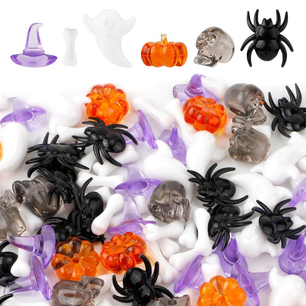 110pcs Acrylic Halloween Vase Filler Decor, Halloween Table Scatter 6 Style Halloween Ornaments Mini Pumpkin Skeleton Head Skulls Ghost Witch Hat Bone Spider Figurines for Gift Party Decoration Craft