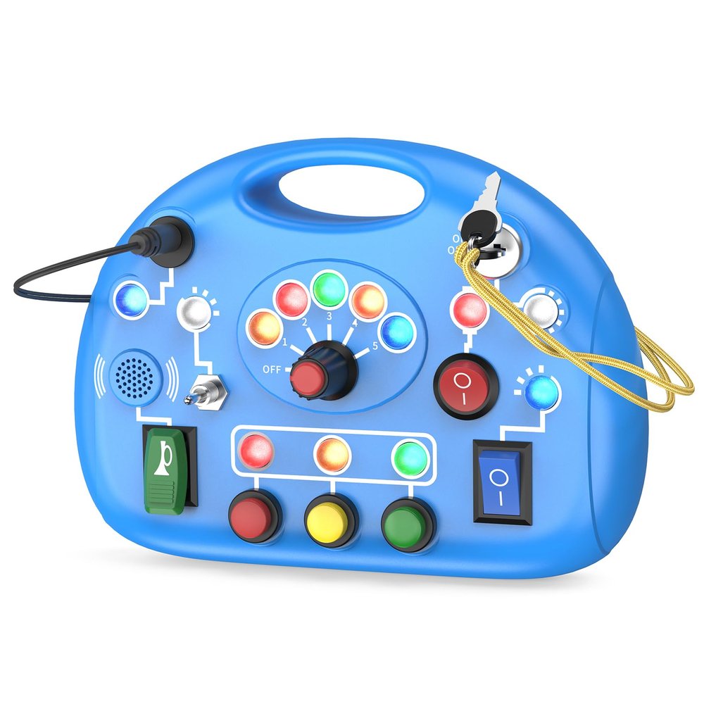 JIWORT Busy Board with LED Light, Montessori Busy Board for 1+ Year Old, Sensory Toys for Toddlers 1-3, Fidget Board for Kids Electronic Early Development Toys Boys Birthday (Blue)