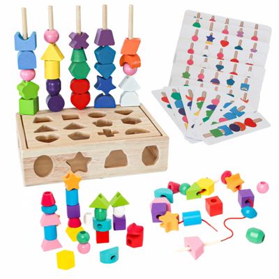 3 in 1 Montessori Wooden Beads Sequencing Toy Set & Lacing Beads, Matching Shape Stacker, & Stacking Blocks with Box for 3 4 5 6 Year Old Toddler, STEM Preschool Learning Gift for Kids Boy/Girl