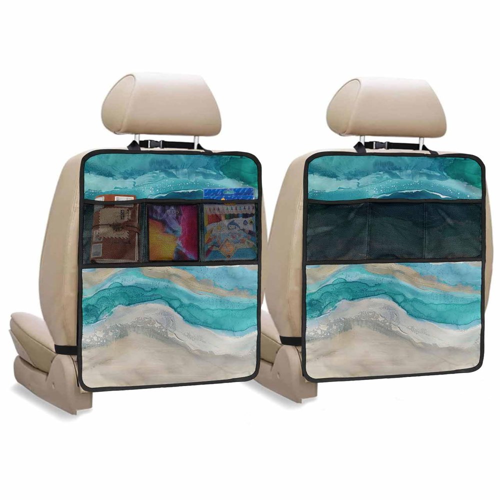 2 Pack Kick Mat Back Seat Protectors, Abstract Turquoise Waterproof & Stain Proof Universal Car Seat Back Protector Backseat Organizer For Kids Pets, Shabby Chic Summer Grey Beach Wave