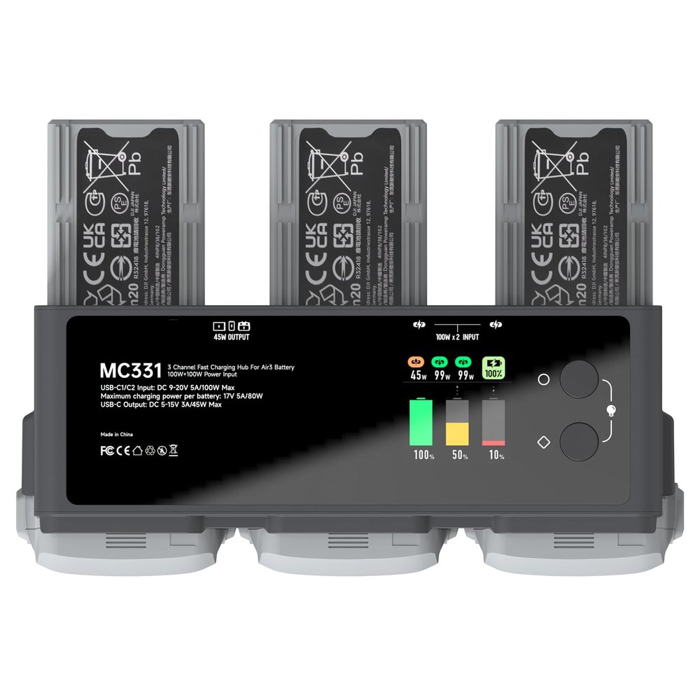200W DJI Air 3/3S Battery Charger Hub 3-Channel Parallel Fast Charging Dual USB-C Input for DJI Air 3/3S Drone/RC, App Control/Storage/Discharge/LED Display