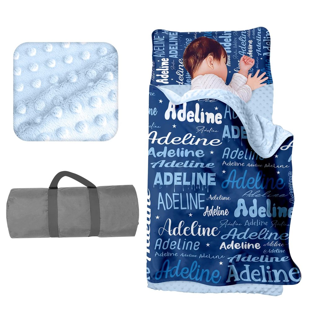 Evulum Personalized Toddler Nap Mat for Daycare - Kids Boys Sleeping Bag with Pillow and Blanket for Preschool Kindergarten, Custom Name Monogrammed Nap Mats Easy Carry Blue