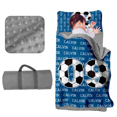 Evulum Personalized Toddler Nap Mat for Daycare Kids Boys Sleeping Bag with Pillow and Blanket for Preschool Kindergarten, Custom Name Monogrammed Nap Mats Soccer Blue