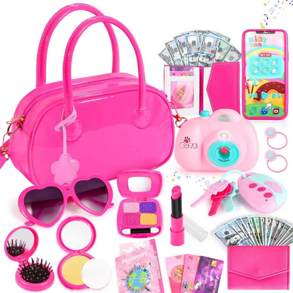 INNOCHEER Little Girls Purse, Toddler Purse Flower Girl Gift Girl Toys, Hot Pink Patent Leather Play Purse for Little Girls, Pretend Play Toy Kids Purse Gifts Toys for 3 4 5 6 7 8 Year Old Girls