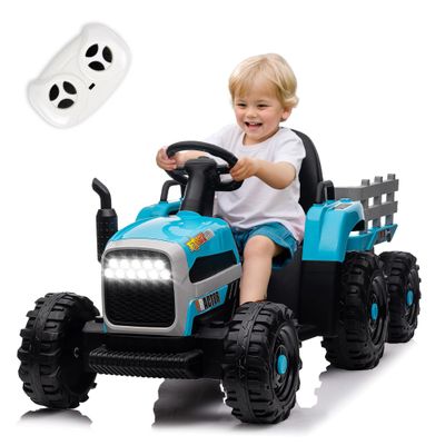 24V Kids Ride on Tractor with Trailer, 400W Motor Boost Power Torque Remote Control, Electric Car for Kids with Three Speeds Adjustable, USB, MP3, Bluetooth, LED Lights, Safety Belt, Blue