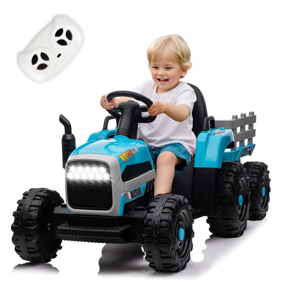 24V Kids Ride on Tractor with Trailer, 400W Motor Boost Power Torque Remote Control, Electric Car for Kids with Three Speeds Adjustable, USB, MP3, Bluetooth, LED Lights, Safety Belt, Blue