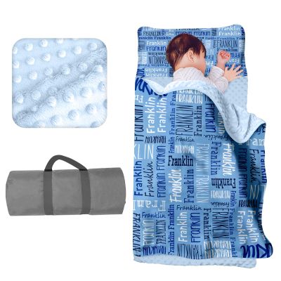 Evulum Custom Toddler Nap Mat for Daycare Kids Boys Sleeping Bag with Pillow and Blanket for Preschool Kindergarten, Eatra Large Personalized Name Monogrammed Nap Mats Blue 02