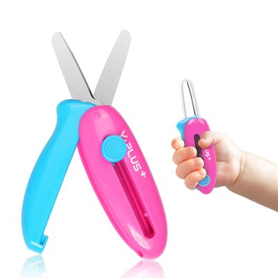 Safety Scissors for Kids, Retractable Small Scissors for Toddler Craft Ages 3-5 2-4 1-3, Cute Toddler Craft Preschool-Pink