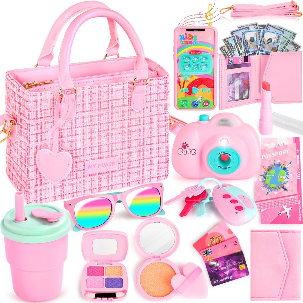 INNOCHEER Little Girls Purse, Kids Toy Purse with Pretend Makeup, 3 4 5 Year Old Girl Birthday Gifts, Pretend Play Toddler Purse, Birthday Christmas Princess Gifts Toys for Girls 3 4 5 6 7 8 Year Old