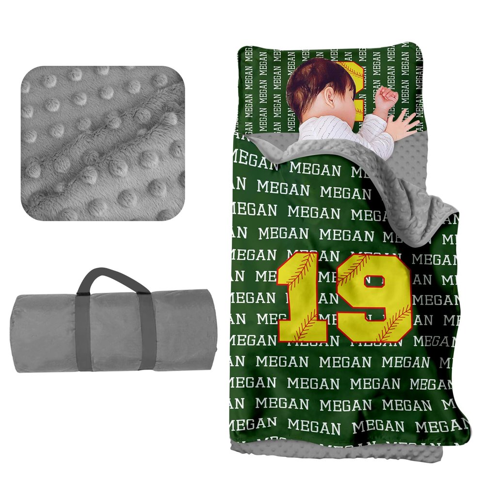 Evulum Custom Toddler Nap Mat for Daycare Kids Boys Sleeping Bag with Pillow and Blanket for Preschool Kindergarten, Personalized Name Nap Mats Softball Green