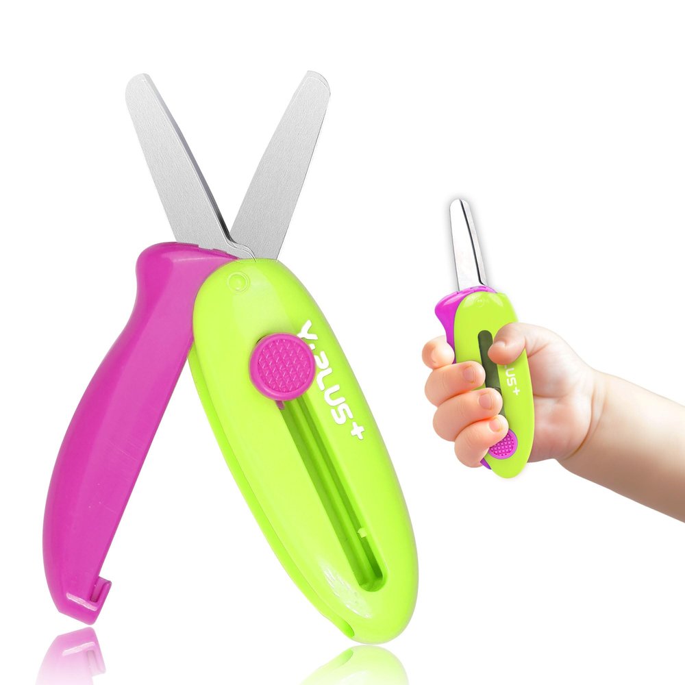 Safety Scissors for Kids, Retractable Small Scissors for Toddler Craft Ages 3-5 2-4 1-3, Cute Toddler Craft Preschool-Green
