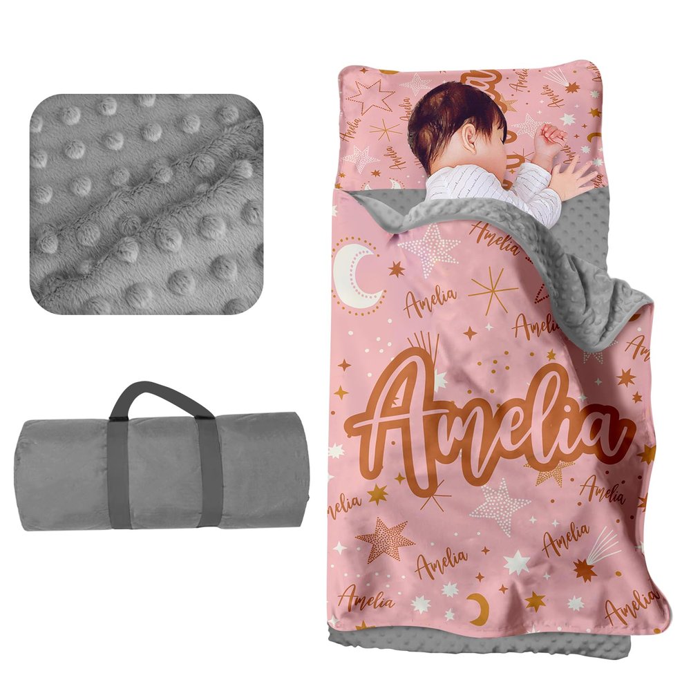 Evulum Personalized Toddler Nap Mat for Daycare - Kids Girls Sleeping Bag with Pillow and Blanket for Preschool Kindergarten, Custom Name Extra Large Nap Mats Pink