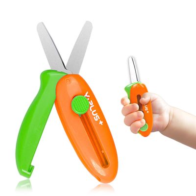 Safety Scissors for Kids, Retractable Small Scissors for Toddler Craft Ages 3-5 2-4 1-3, Cute Toddler Craft Preschool-Orange