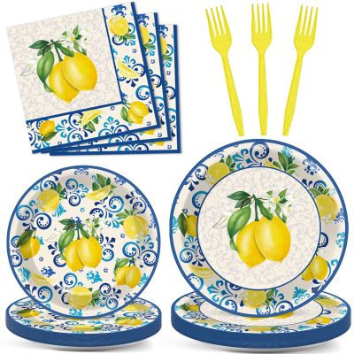 100Pcs Capri Lemon Paper Plates and Napkins Lemon Birthday Party Decoration Disposable Summer Citrus Fruit Themed Tableware Dinnerware Set for Yellow Lemon Baby Shower Party Supplies Serve 25